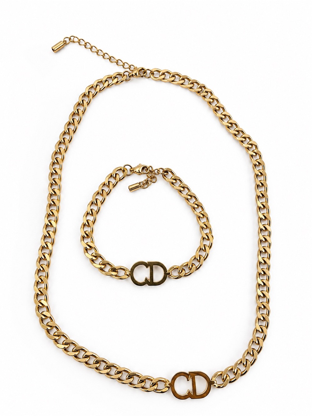 Gold Tone CD Fashion Inspired Logo Chain Necklace & Bracelet Set